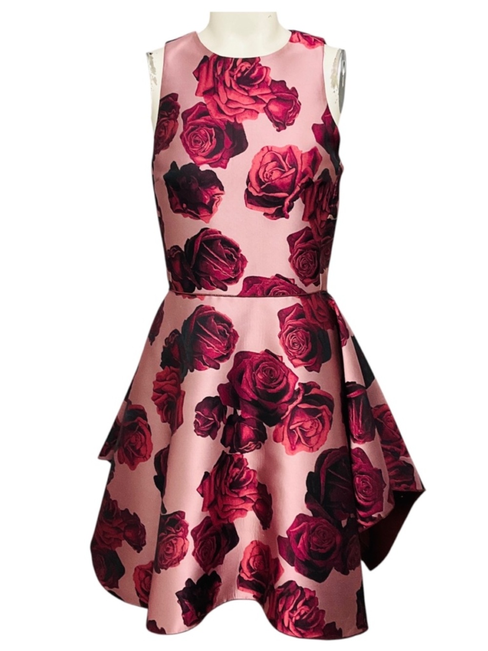 GIAMBATTISTA VALLI DUSTY PINK / BURGUNDY ROSE JACQUARD SLEEVELESS A-LINE COCKTAI